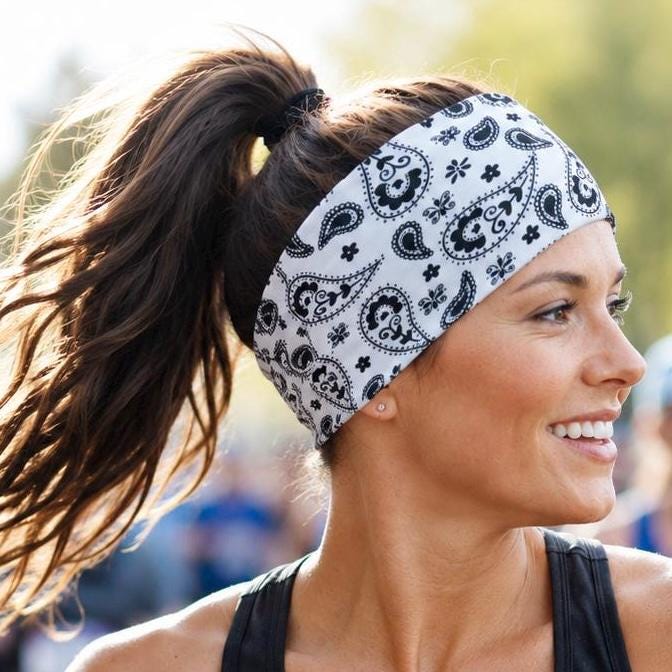 White Bandana Running Headband. Moisture-Wicking Workout Hairband. Wide Workout Headband. Biker bandana Headband