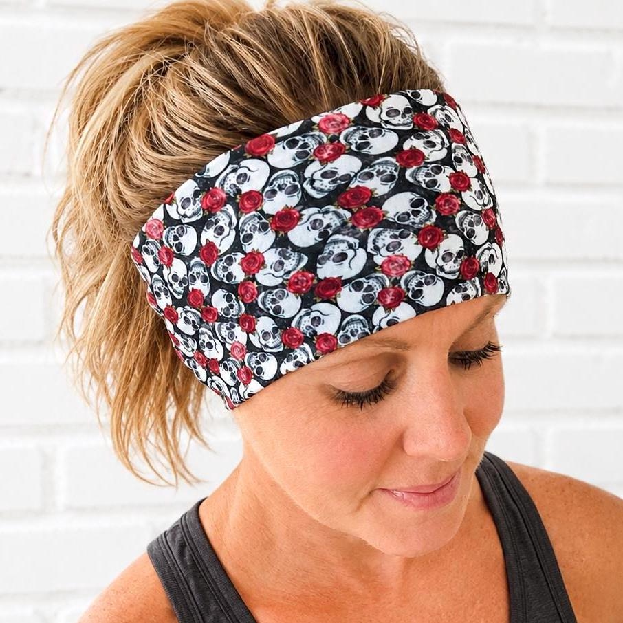 Skulls and Roses Moisture Wicking Headband For Running. Non Slip Workout Headband. Motorcycle Headband. Halloween Headband.