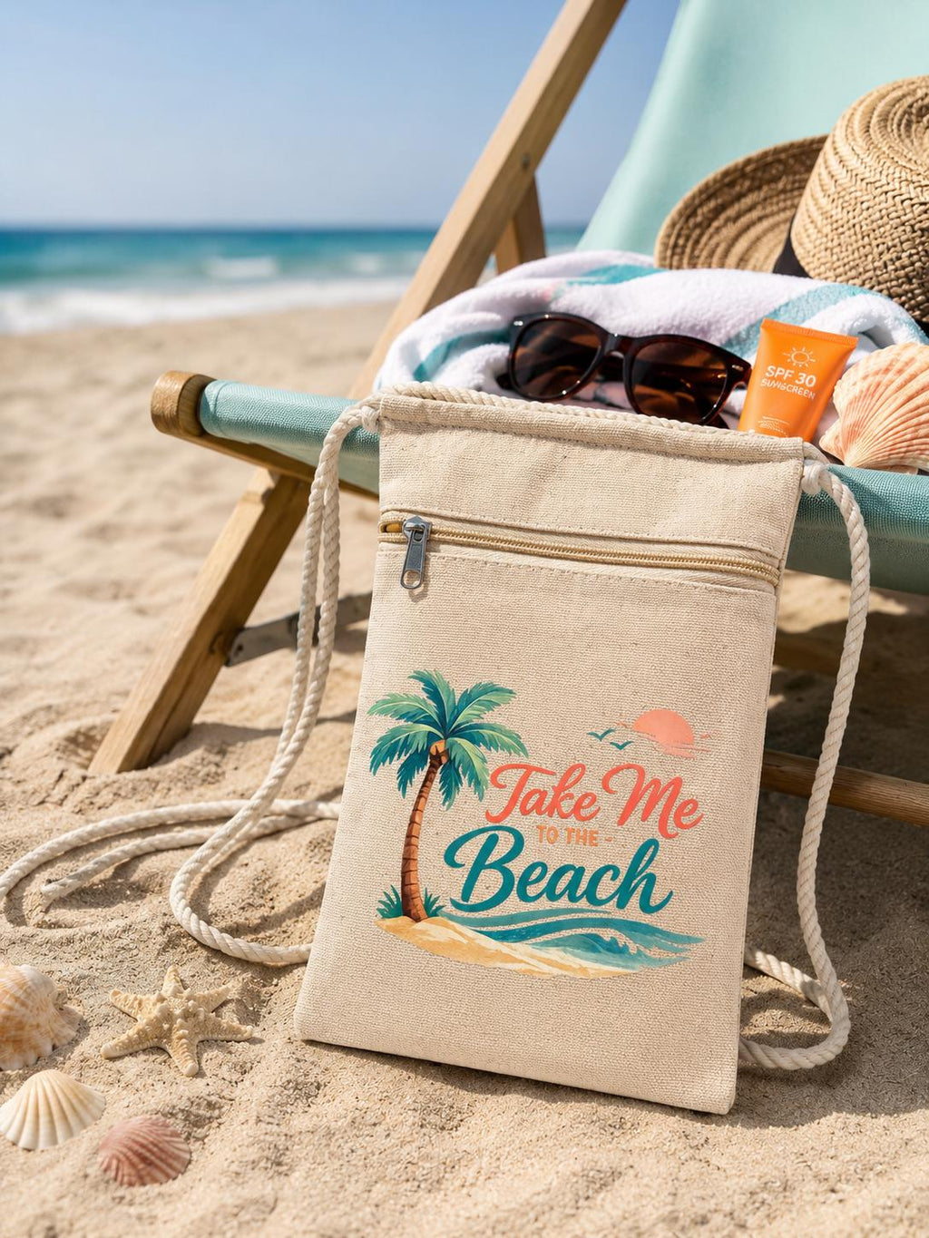 Beach Canvas Crossbody Pouch. Beach lover Gift. Vacation Shoulder Bag for Cell Phone. Shell Collection Bag for Beach. Beach Accessory Bag