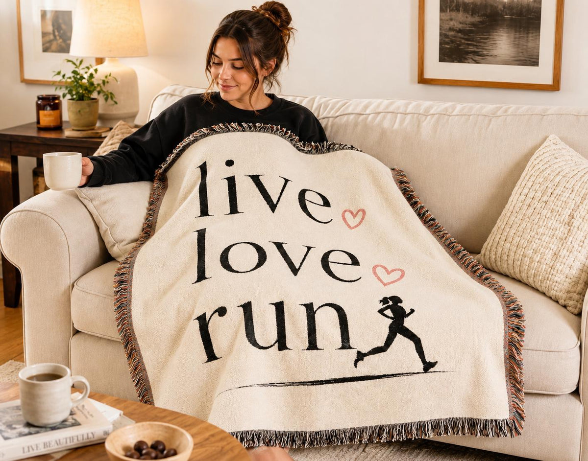 Live Love Run Blanket, Runner Throw Blanket, Cozy Running Gift for Her, Woven Couch Blanket, Marathon Runner Home Decor, Neutral Runner Gift