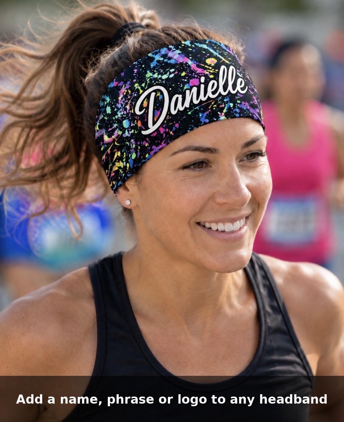 Neon Paint Splatter Running Headband. Moisture-Wicking Workout Hairband. Wide Workout Headband. Headband for Painter. Custom name Headband