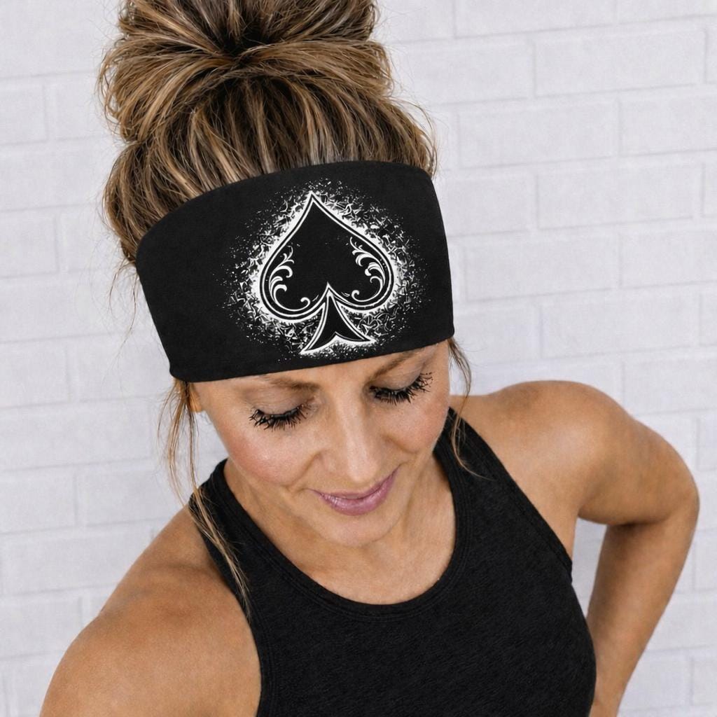 Spade Headband. Motorcycle Moisture Wicking  Headband, Non Slip Helmet Headband, Wide Fitness Headband. Silver Spade Headband