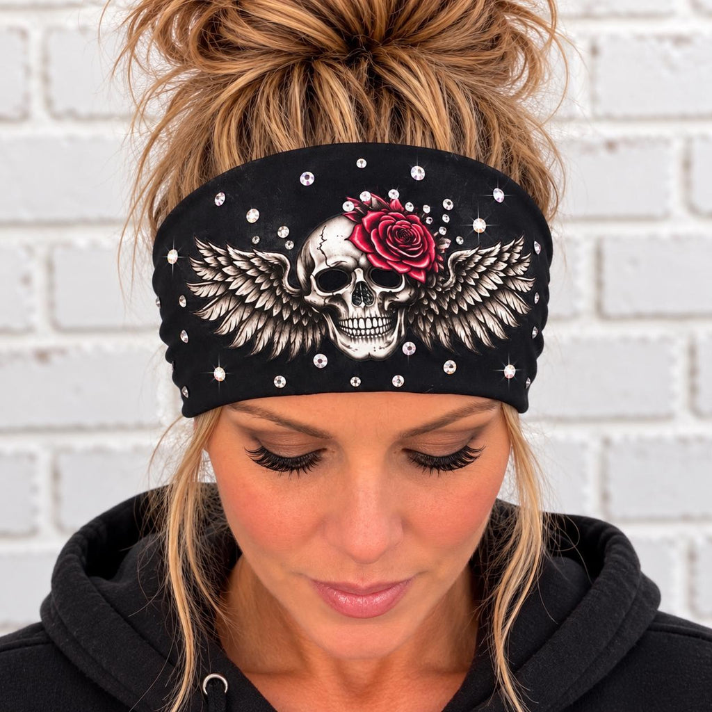 Biker Skull Headband. Motorcycle Moisture Wicking  Headband, Skull Headband Gift for Bikers. Bling Headband. Skull and Roses Biker Headband