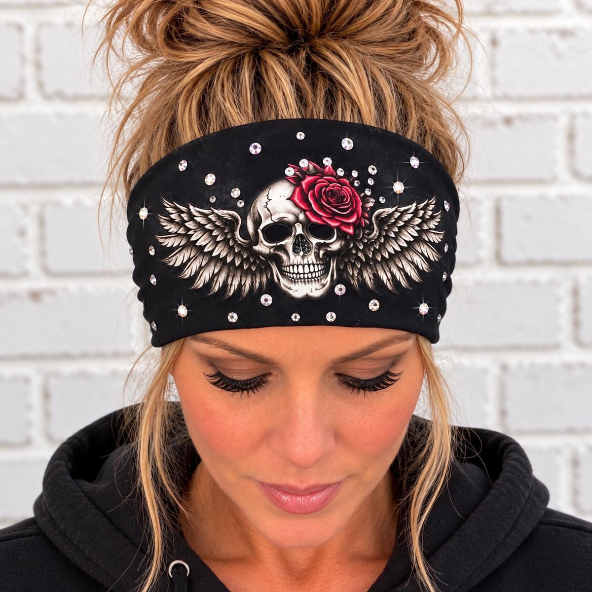 Biker Skull Headband. Motorcycle Moisture Wicking  Headband, Skull Headband Gift for Bikers. Bling Headband. Skull and Roses Biker Headband