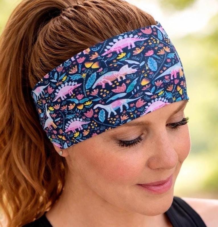 Wide Non Slip Headband, Dinosaur Print Workout Headband, Tapered Back Running Headband, Moisture Wicking Hairband