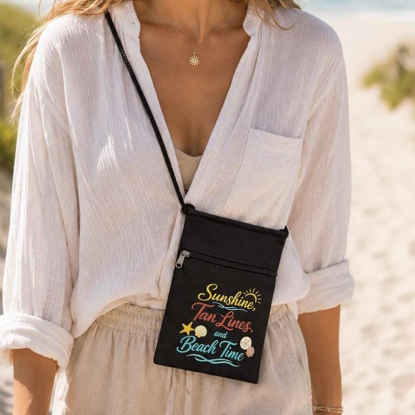 Beach Canvas Crossbody Pouch. Beach lover Gift. Vacation Shoulder Bag for Cell Phone. Shell Collection Bag for Beach. Beach Accessory Bag