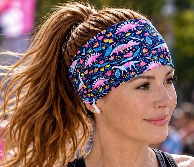 Wide Non Slip Headband, Dinosaur Print Workout Headband, Tapered Back Running Headband, Moisture Wicking Hairband