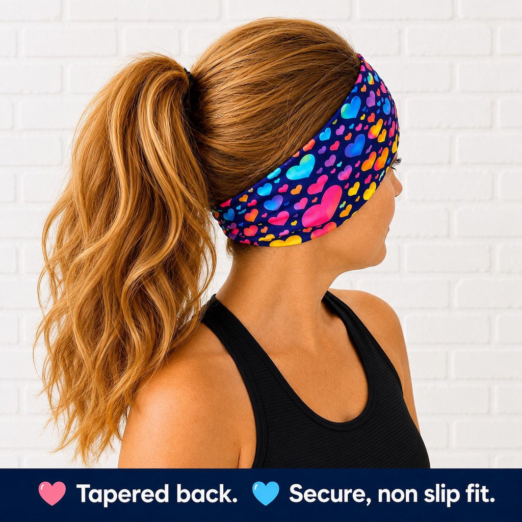 Rainbow Hearts moisture wicking, non slip, athletic headband, Running Headband. Yoga headband. Womens workout headband. Nurse headband.