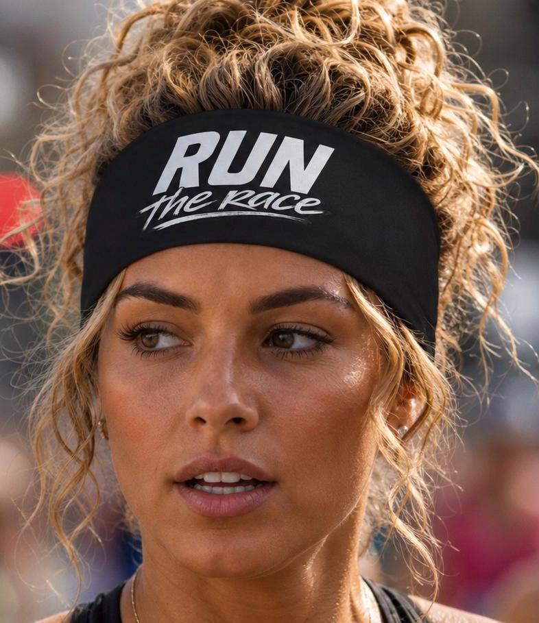 Run The Race Headband. Christian Moisture Wicking  Headband, Non Slip Running Headband, Wide Fitness Headband. First Marathon Gift