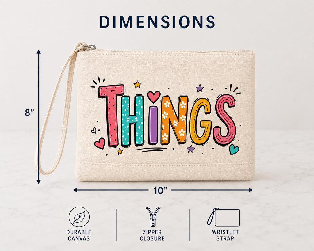 Things Canvas Zipper Pouch. Cute Makeup Bag. Cosmetic Bag. Travel Toiletry Bag. Fun Doodle Wristlet. Gift for Her.