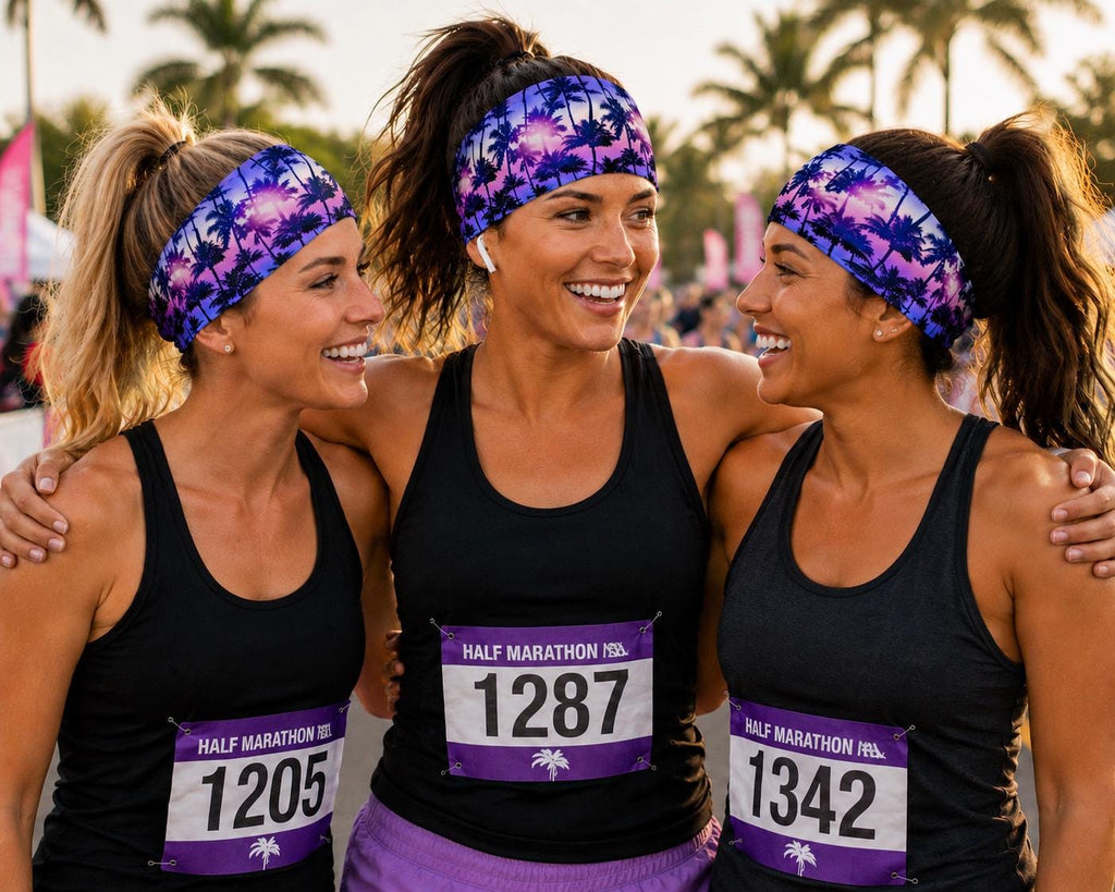 Tropical Running Headband. Moisture-Wicking Workout Headband. Colorful Palm Tree Headband. Beach Gift for Runner. Purple Workout headband.