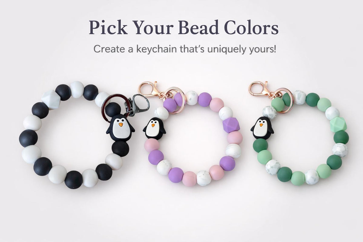 Penguin Silicone Beaded Wristlet Keychain. Penguin Keychain Bracelet – Custom Beaded Wristlet – Choose Your Colors – Cute Gift for Friend,