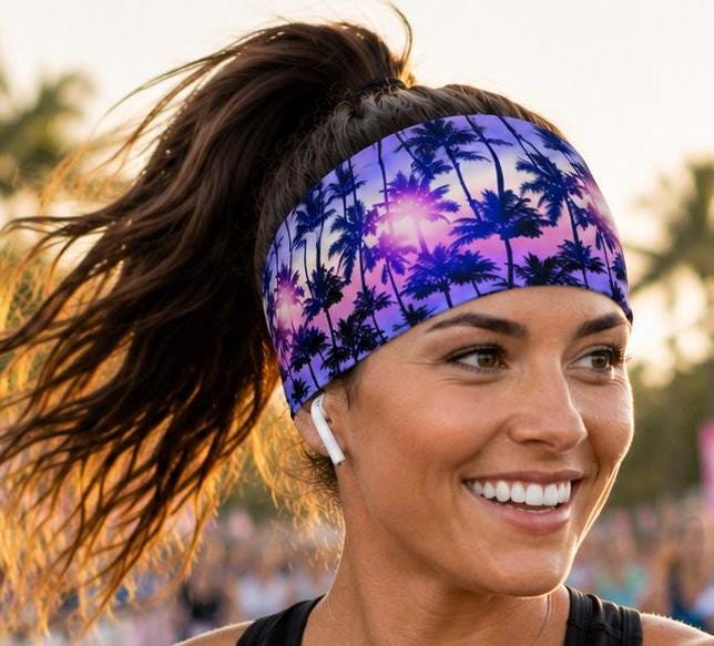 Tropical Running Headband. Moisture-Wicking Workout Headband. Colorful Palm Tree Headband. Beach Gift for Runner. Purple Workout headband.