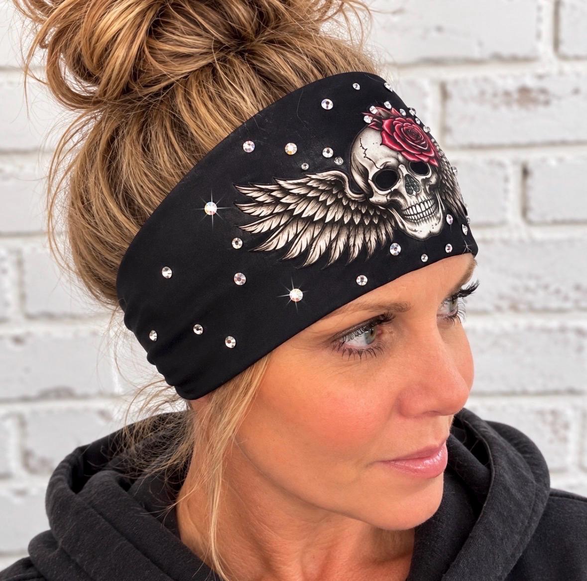Biker Skull Headband. Motorcycle Moisture Wicking  Headband, Skull Headband Gift for Bikers. Bling Headband. Skull and Roses Biker Headband