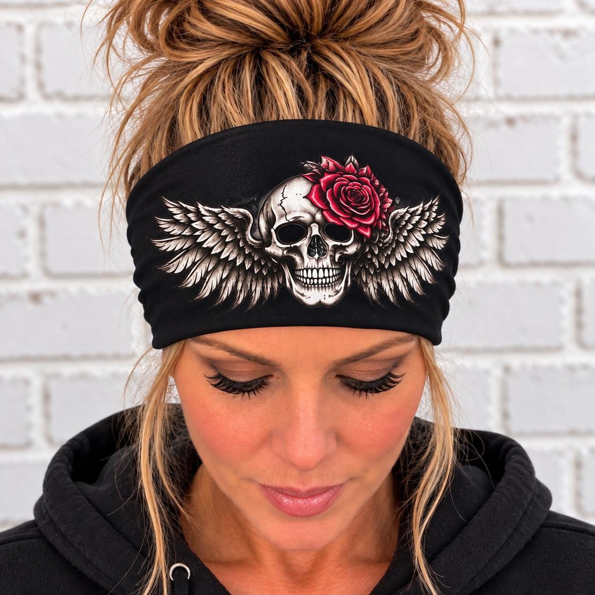 Biker Skull Headband. Motorcycle Moisture Wicking  Headband, Skull Headband Gift for Bikers. Bling Headband. Skull and Roses Biker Headband