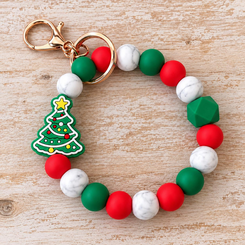 Christmas Silicone Beaded Wristlet Keychain. Holiday Beaded Keychain.  Keychain Bracelet. Christmas Keychain