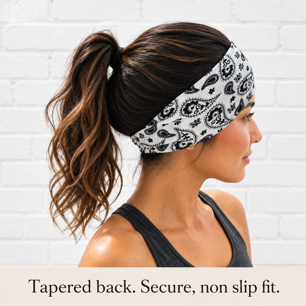 White Bandana Running Headband. Moisture-Wicking Workout Hairband. Wide Workout Headband. Biker bandana Headband