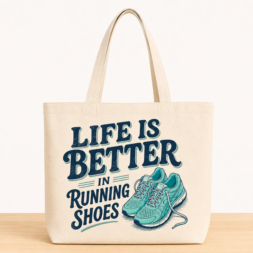 Life is Better in Running Shoes Tote Bag. Runner Gift. Running Tote Bag. Race Day Bag. Marathon Gift. Half Marathon Runner Tote. Gym Bag