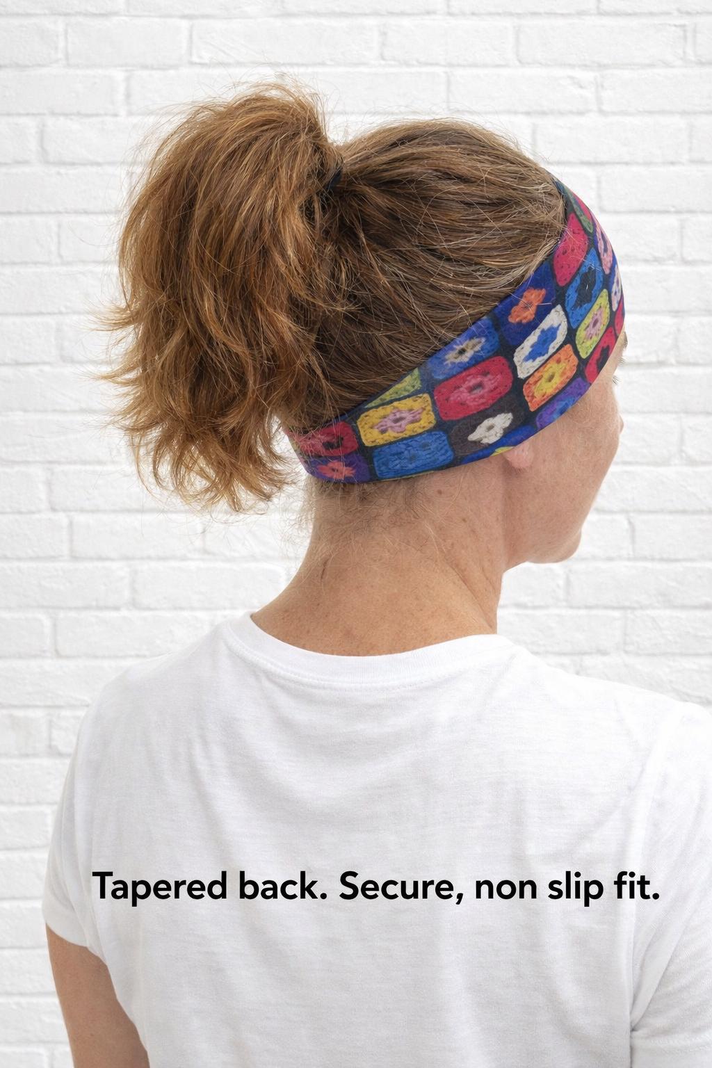 Granny Square Print moisture wicking, non slip, athletic headband, Running Headband, Gift for Crochet lovers. Comfortable Teacher Headband