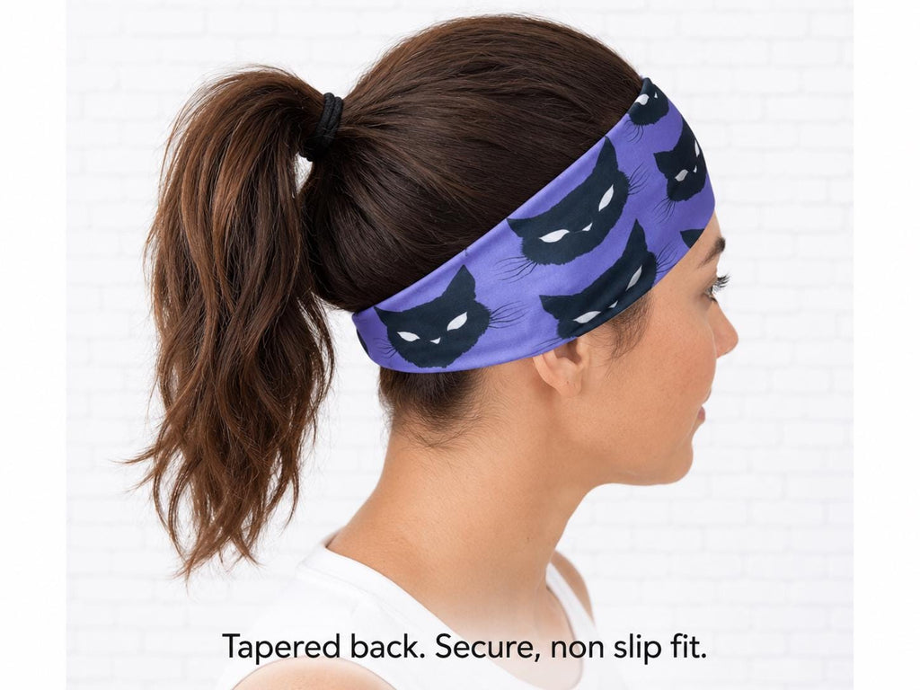 Black Cat Running Headband. Purple Non Slip Workout Headband. Wide Athletic Headband. Moisture Wicking Headband. Halloween Cat Headband