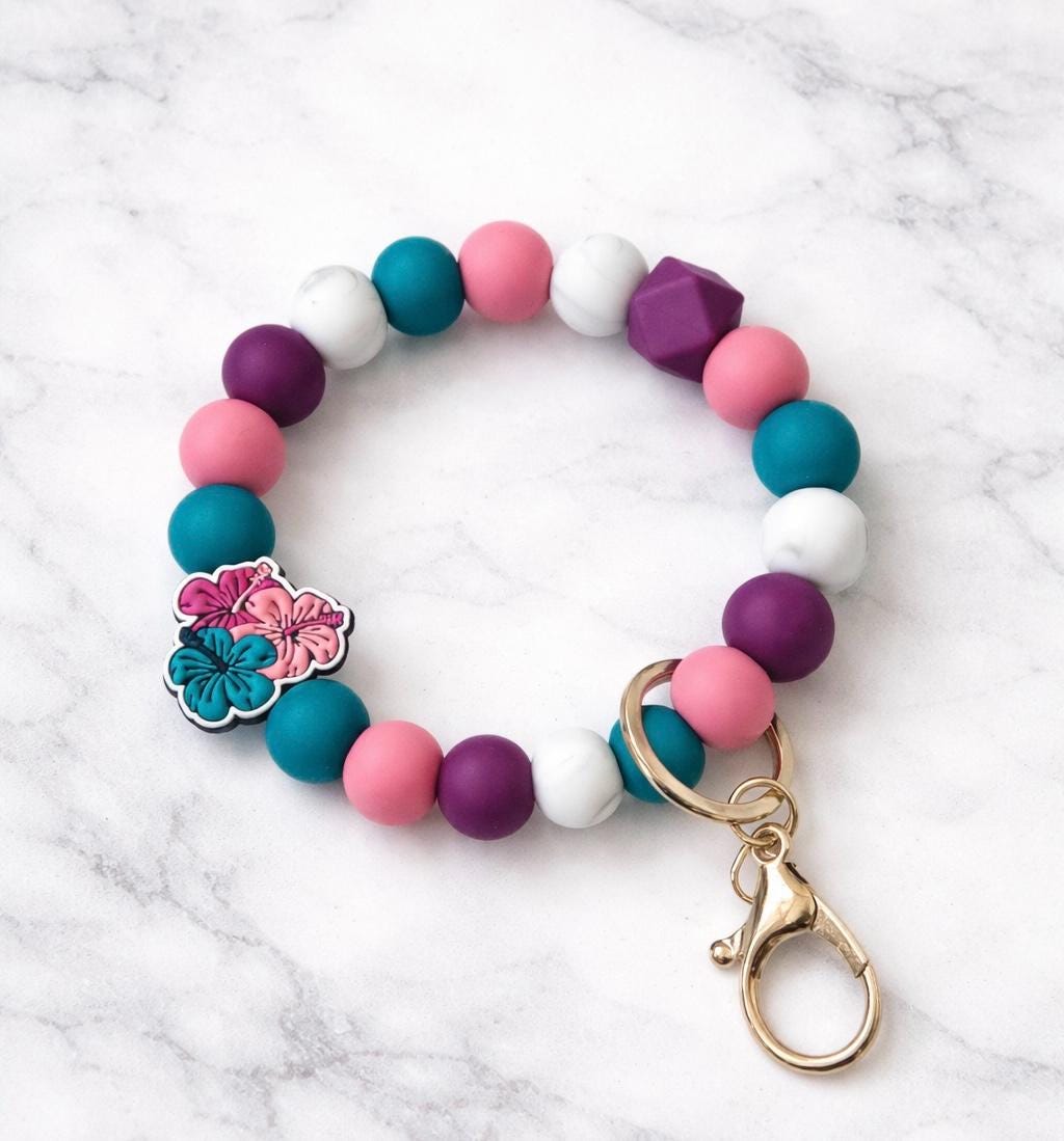 Flower Silicone Beaded Wristlet Keychain. Gift for Flower Lover.