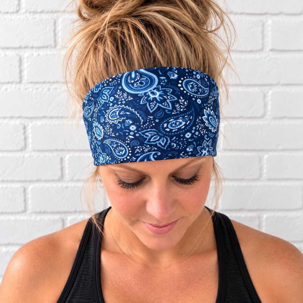 Blue Bandana Running Headband. Moisture-Wicking Workout Hairband. Wide Workout Headband. Motorcycle Headband. Nurse Headband