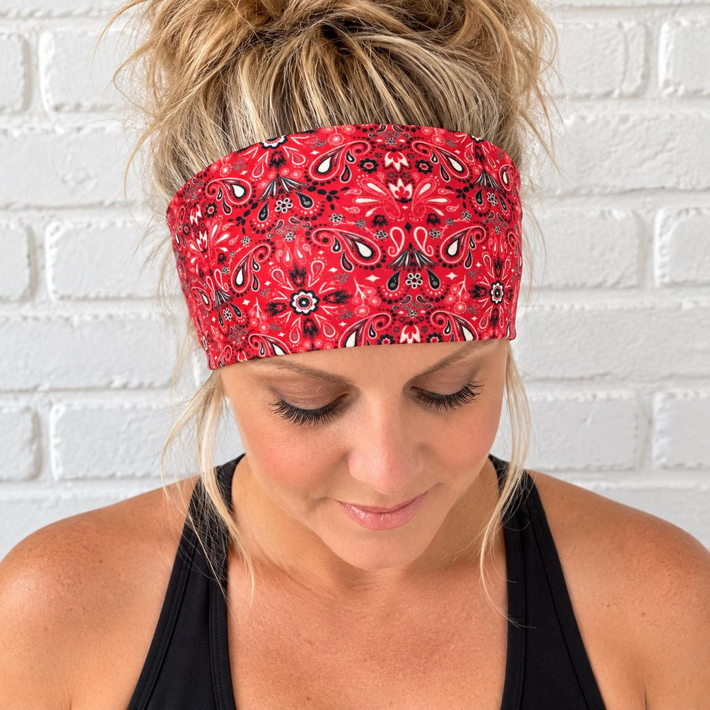 Bandana moisture wicking, non slip, athletic headband, Running Headband, Red Paisley Headband. Motorcycle Headband.