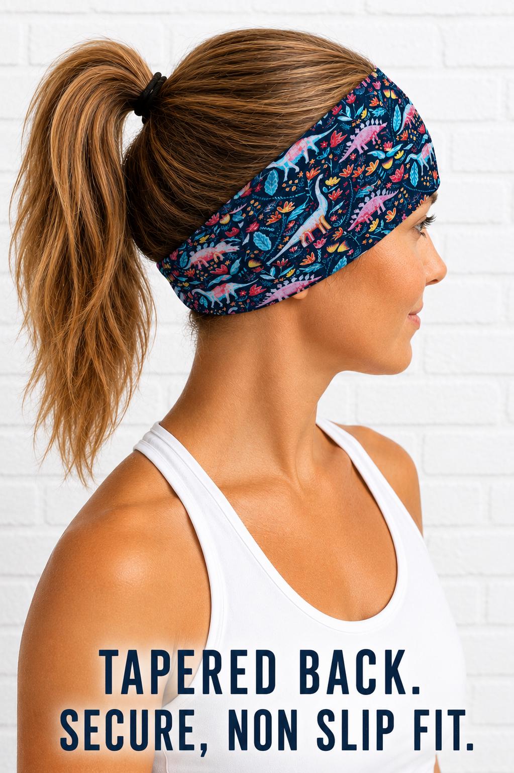 Wide Non Slip Headband, Dinosaur Print Workout Headband, Tapered Back Running Headband, Moisture Wicking Hairband