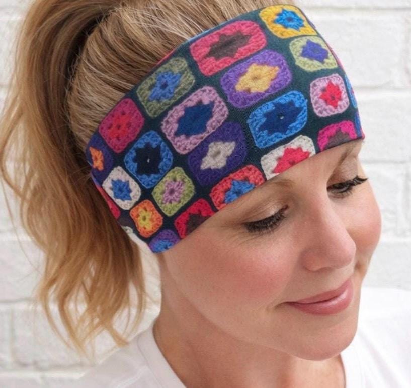 Granny Square Print moisture wicking, non slip, athletic headband, Running Headband, Gift for Crochet lovers. Comfortable Teacher Headband