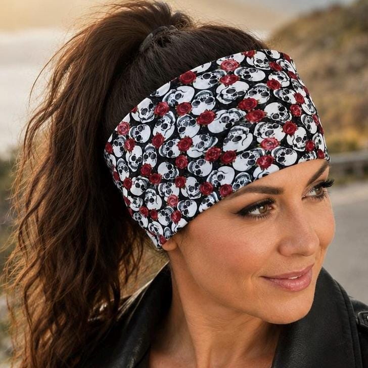 Skulls and Roses Moisture Wicking Headband For Running. Non Slip Workout Headband. Motorcycle Headband. Halloween Headband.