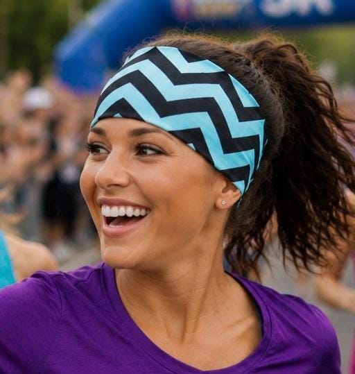 Chevron Headband, Wide Non Slip Athletic Headband, Turquoise Zig Zag Running Headband, Workout Yoga Hairband, Women’s Fitness Headband