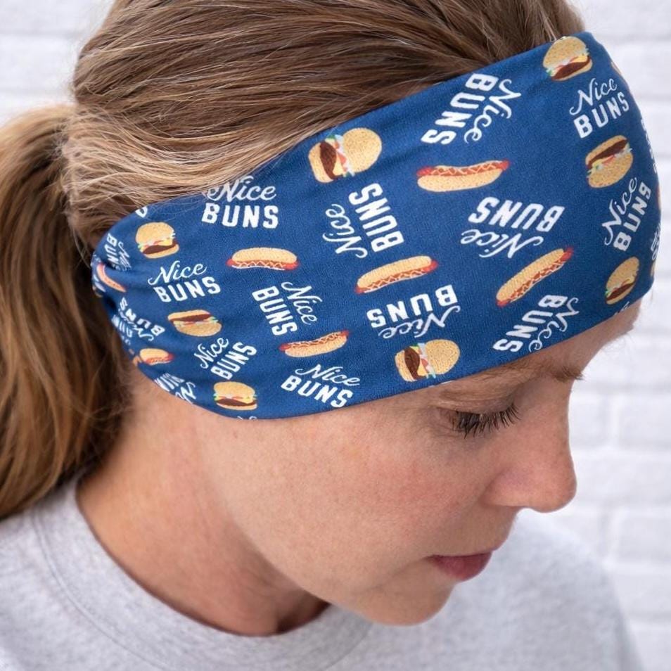 Funny Food Headband – Hamburger & Hot Dog Print, Wide Soft Running Headband, Non Slip Workout and Everyday Headband - 4th of July Headband