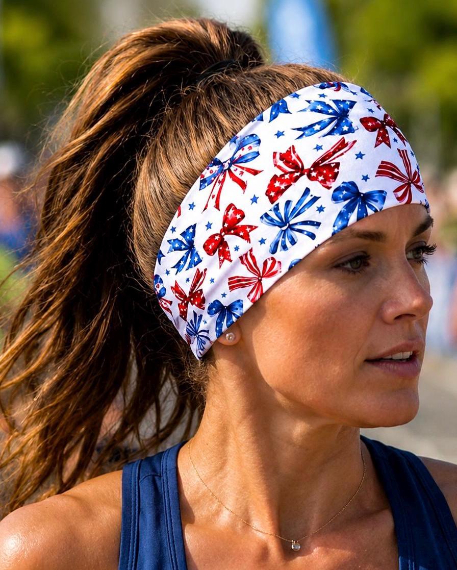Patriotic Bows Moisture Wicking Headband. non slip Athletic Headband. Yoga Headband. 4th of July Headband. Nurse Headband. Running Headband