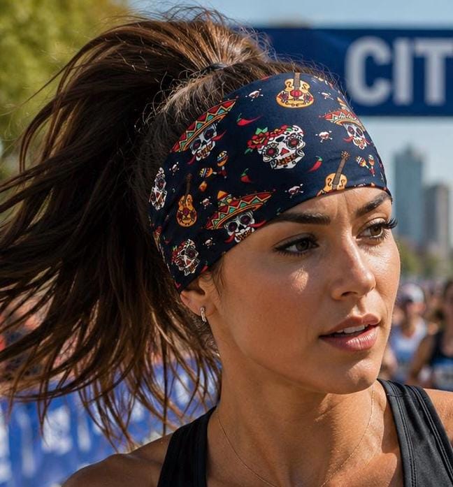 Cinco De Mayo Headband, Fiesta Headband, Non Slip Running Headband, Wide Workout Headband, Skull Headband for Bikers