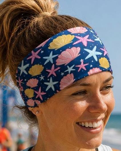 Beach Running Headband. Seashell Moisture-Wicking Headband. Starfish Headband. Gift for Runner. Tropical Headband. Vacation Race Headband