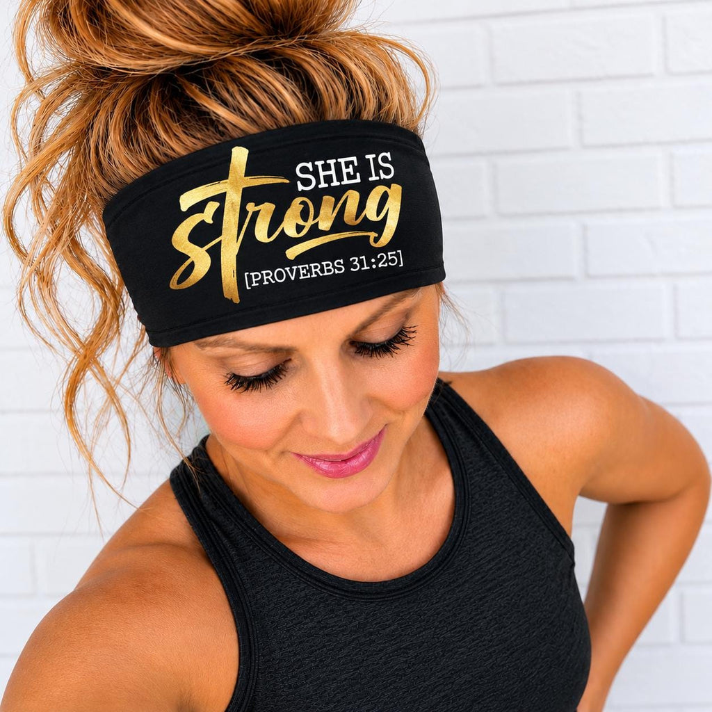 Christian Headband, She is Strong Running Headband.  Inspirational Workout Headband, Non Slip Athletic Headband, Wide Fitness Headband