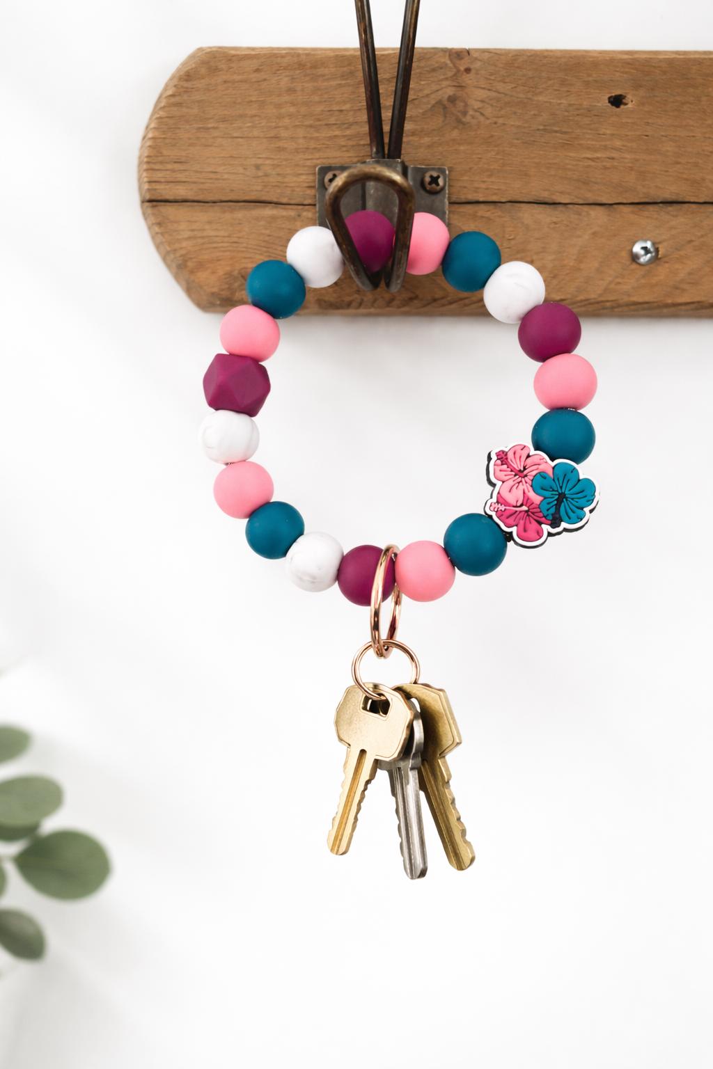 Flower Silicone Beaded Wristlet Keychain. Gift for Flower Lover.