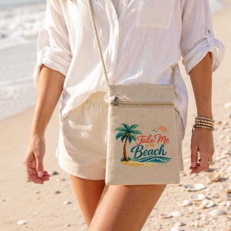 Beach Canvas Crossbody Pouch. Beach lover Gift. Vacation Shoulder Bag for Cell Phone. Shell Collection Bag for Beach. Beach Accessory Bag