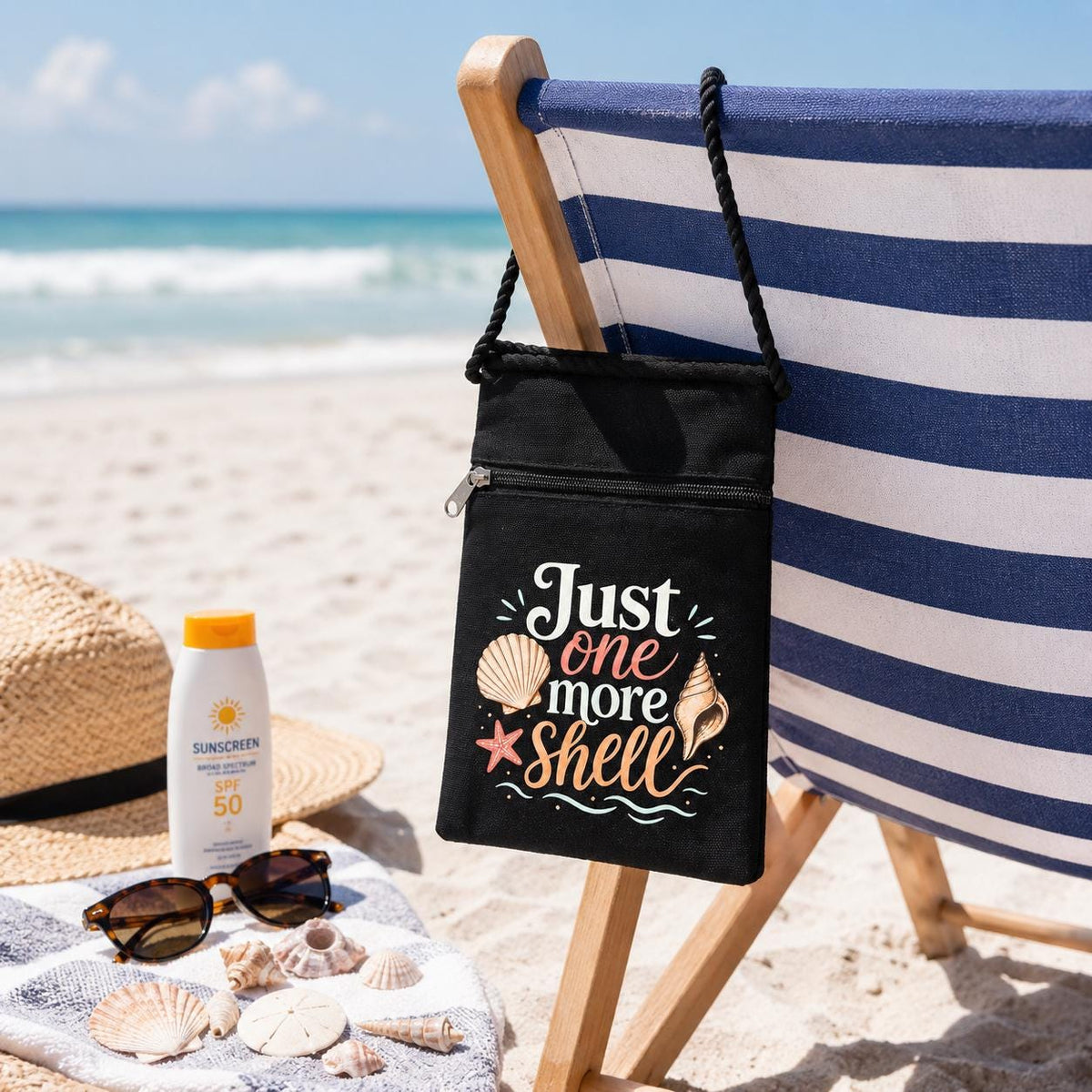Beach Canvas Crossbody Pouch. Beach lover Gift. Vacation Shoulder Bag for Cell Phone. Shell Collection Bag for Beach. Beach Accessory Bag
