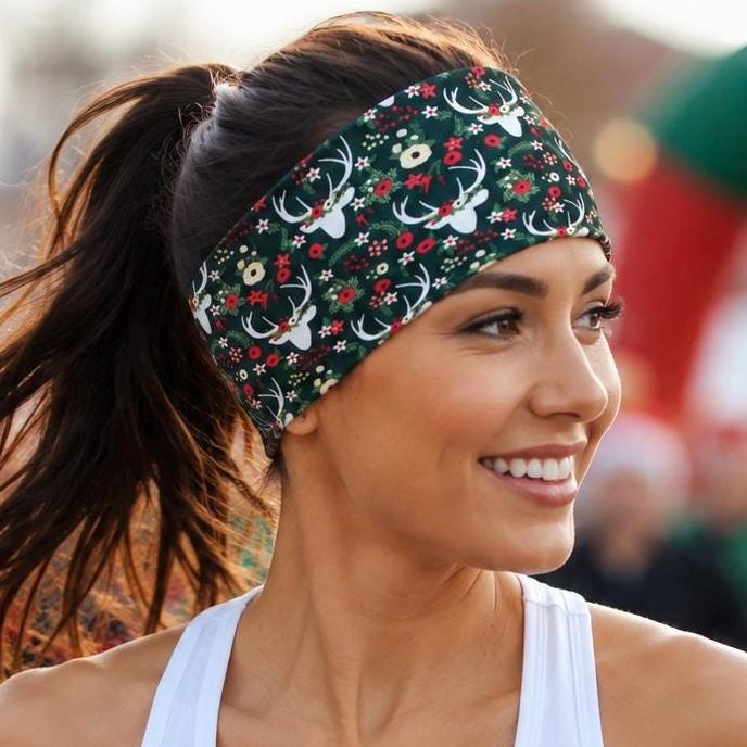 Christmas Reindeer Running Headband, Holiday Workout Headband, Festive Deer Floral Athletic Headband, Moisture Wicking Gift for Runner