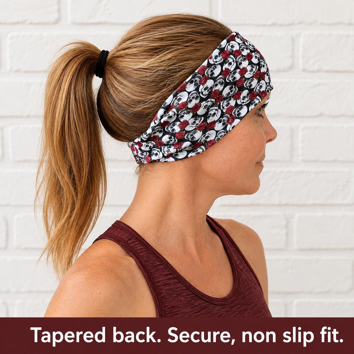 Skulls and Roses Moisture Wicking Headband For Running. Non Slip Workout Headband. Motorcycle Headband. Halloween Headband.