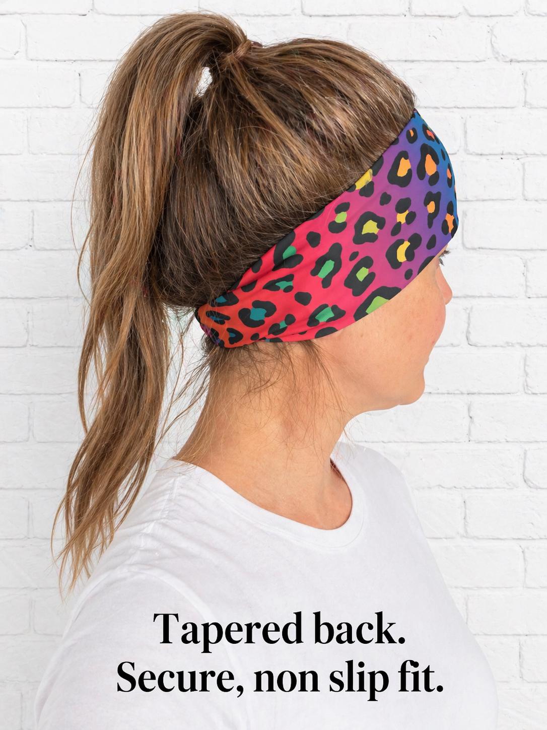 Rainbow Leopard moisture wicking, non slip, athletic headband, Running Headband,  Cheetah print Headband. Motorcycle Headband.