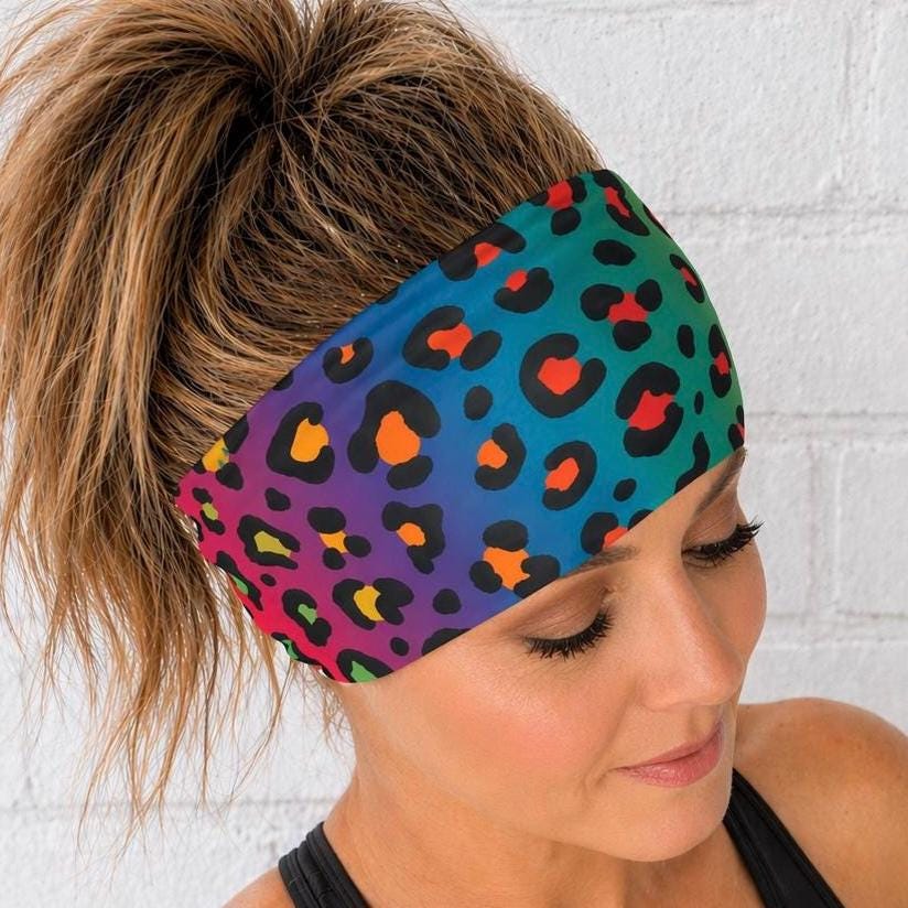Rainbow Leopard moisture wicking, non slip, athletic headband, Running Headband,  Cheetah print Headband. Motorcycle Headband.