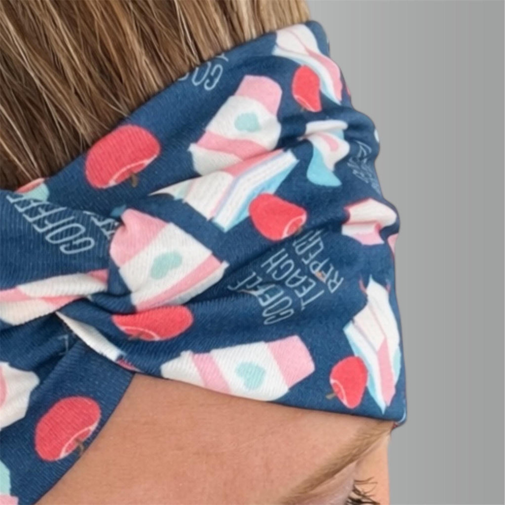 Coffee Teach Repeat Twist Headband – Handmade Wide Fabric Headband – Comfortable Non Slip Headband for Teachers. Gift for Teachers
