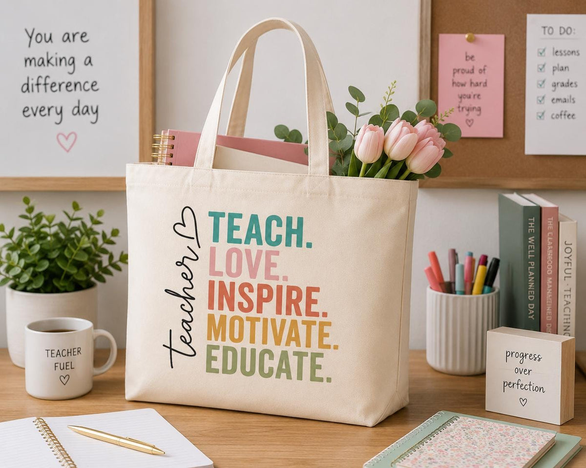 Teacher Tote Bag. Teacher Gift. Back to School Tote Bag. End of Year Teacher Gift. Teach Love Inspire Tote bag. Classroom Teacher Tote Bag