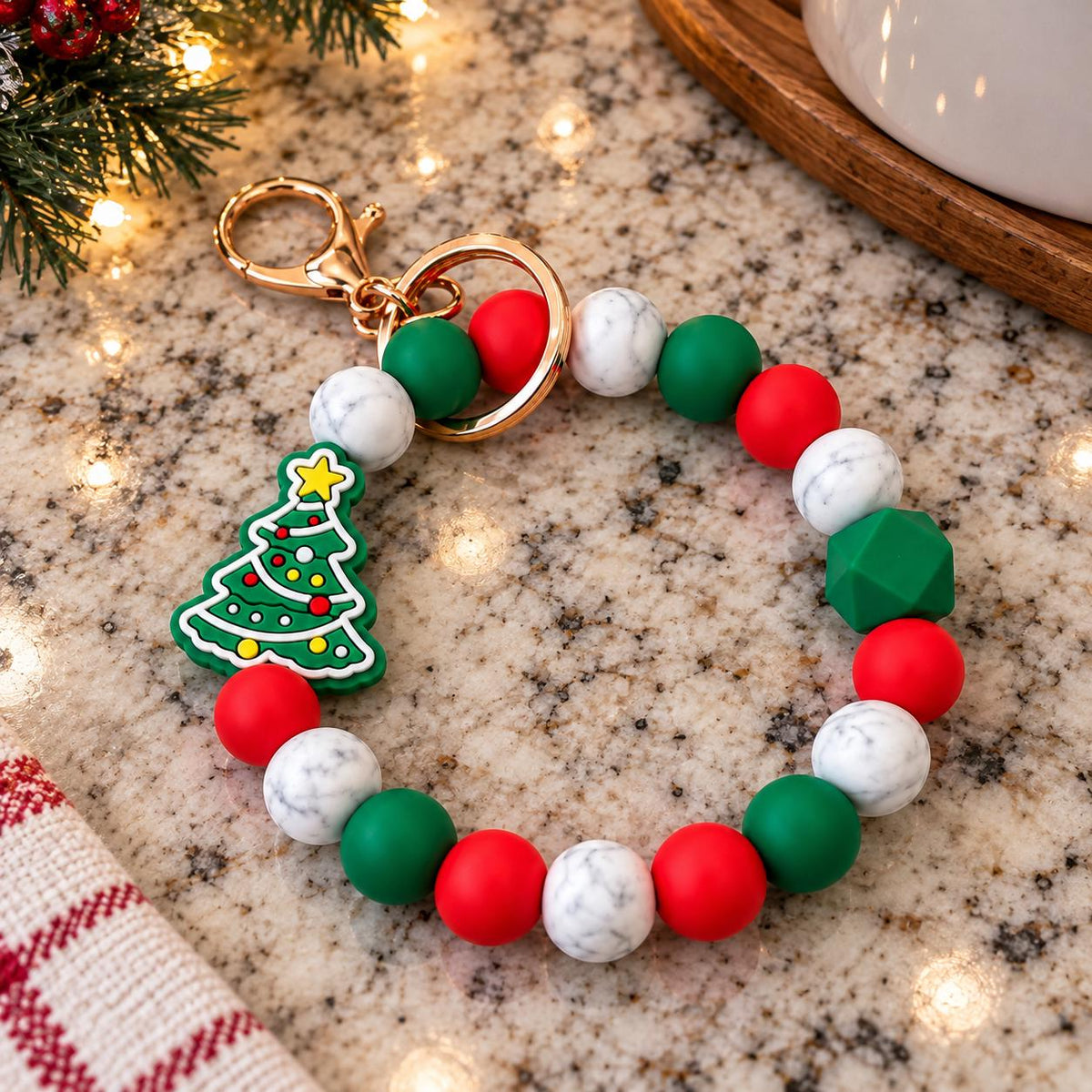 Christmas Silicone Beaded Wristlet Keychain. Holiday Beaded Keychain.  Keychain Bracelet. Christmas Keychain