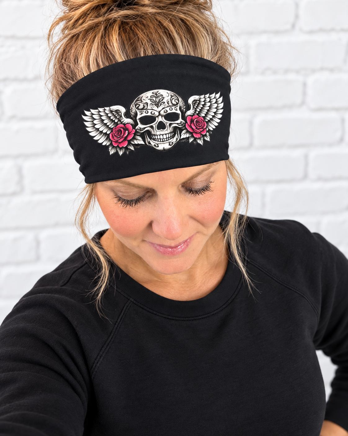 Biker Skull Headband. Motorcycle Moisture Wicking  Headband, Skull Headband Gift for Bikers. Bling Headband