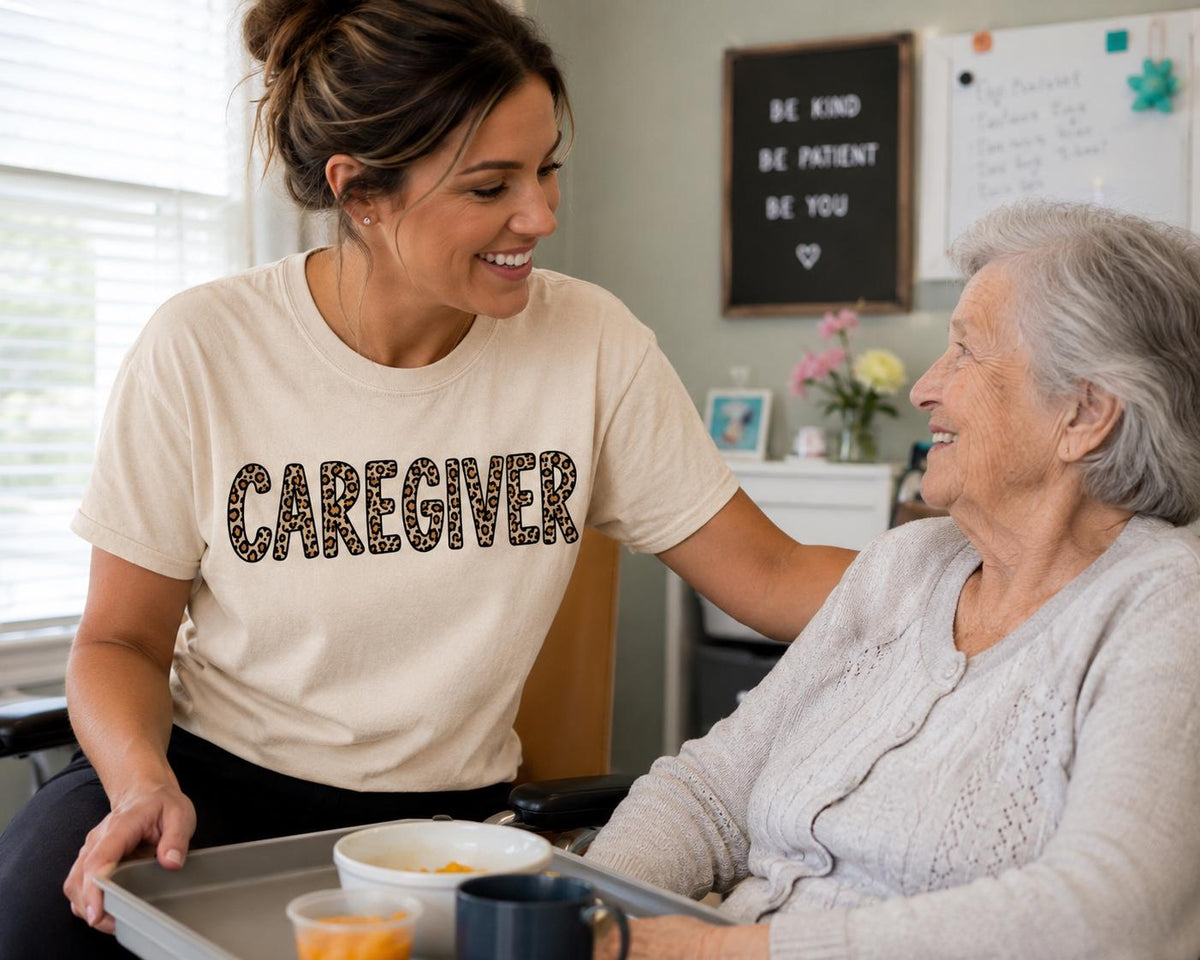 Caregiver Shirt, Leopard Print Caregiver Tee, CNA Gift, Home Health Aide Shirt, Nursing Assistant Shirt, Direct Support Professional Tee