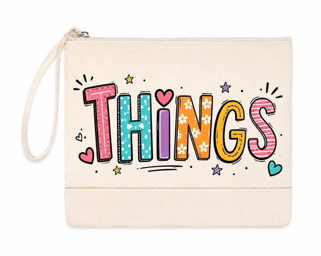 Things Canvas Zipper Pouch. Cute Makeup Bag. Cosmetic Bag. Travel Toiletry Bag. Fun Doodle Wristlet. Gift for Her.