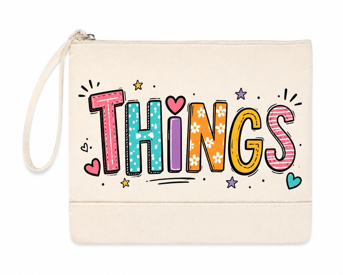 Things Canvas Zipper Pouch. Cute Makeup Bag. Cosmetic Bag. Travel Toiletry Bag. Fun Doodle Wristlet. Gift for Her.